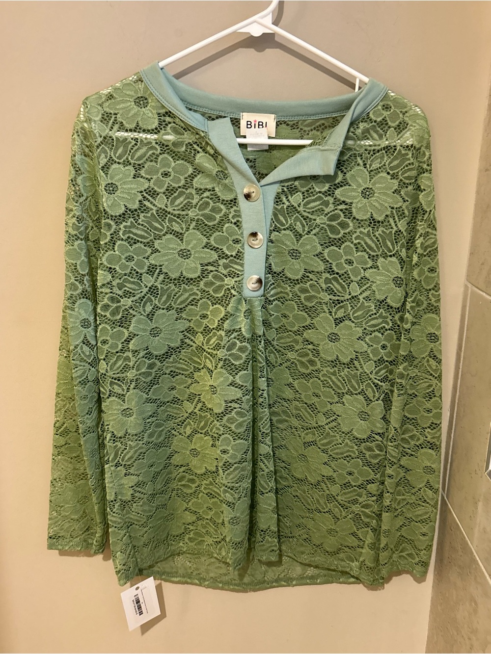 BiBi Green Lace Henley Long Sleeve Top